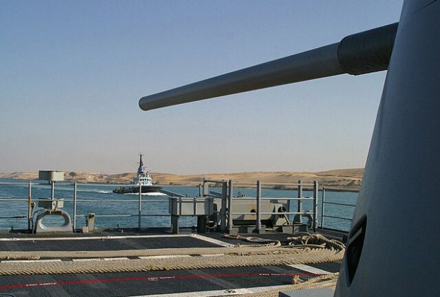 Spruance class destroyer USS Deyo (DD 989) makes it's transit through the Suez Canal from the Mediterranean Sea to the Red Sea.